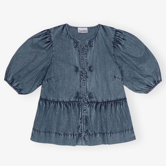 GANNI Sky Captain Blue Cotton Poplin Tie Blouse in size 12 - Picture 3 of 14